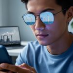Young adult wearing glasses looking at a smartphone, with reflections showing smokestacks on one lens and wind turbines on the other; softly lit home workspace blurred in the background, no readable text.