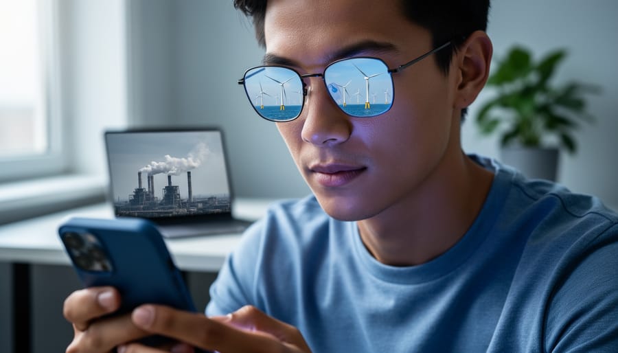 Young adult wearing glasses looking at a smartphone, with reflections showing smokestacks on one lens and wind turbines on the other; softly lit home workspace blurred in the background, no readable text.