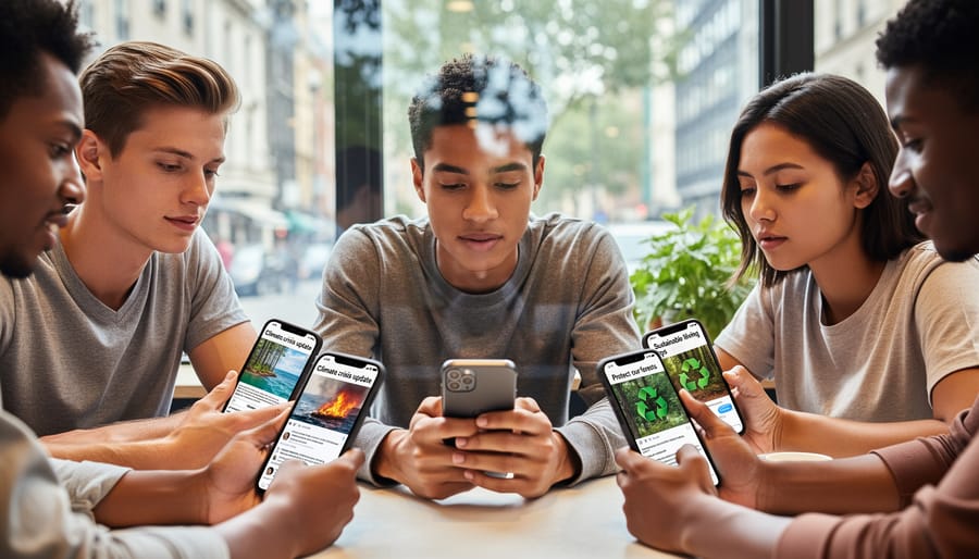Multiple hands holding smartphones displaying social media feeds with environmental content