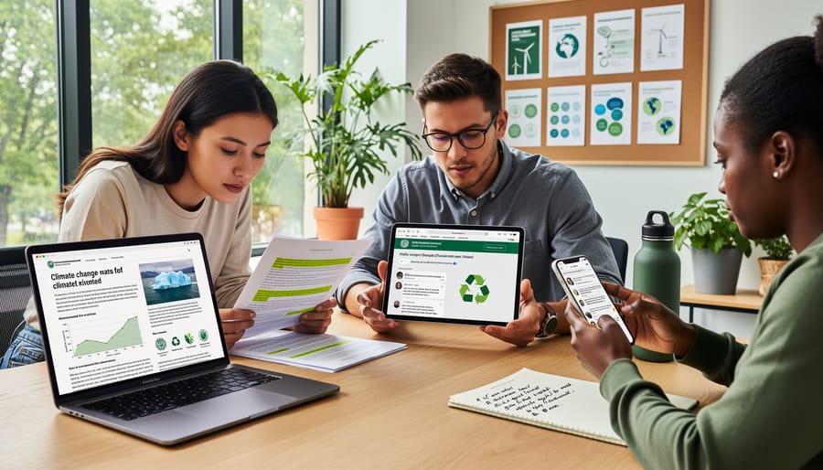 Person researching and verifying environmental information on laptop with notes