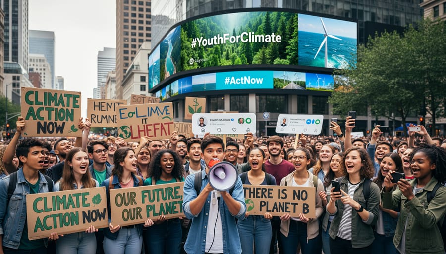 Young climate activists at outdoor protest rally holding signs