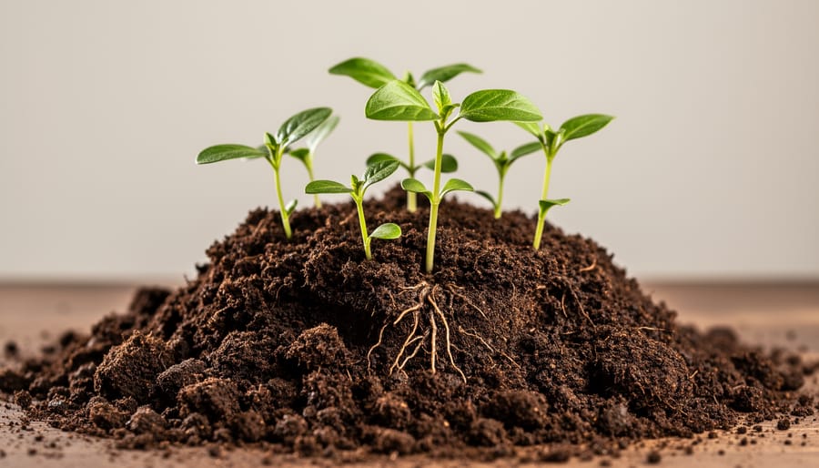 Close-up of dark compost with small green seedlings growing