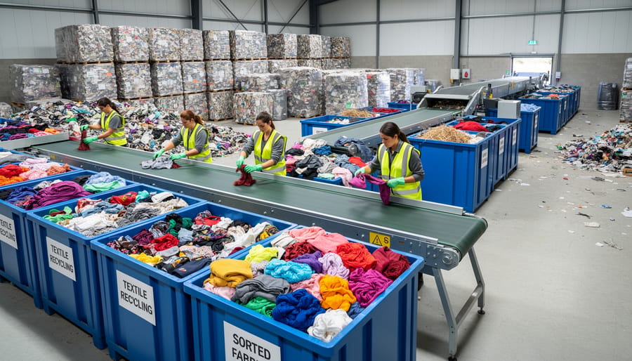 Close-up of hands sorting folded clothes into textile collection bins