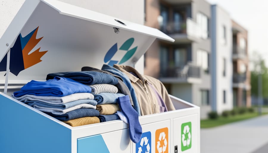 Overfilled textile recycling drop-off bin with assorted clothing, photographed in a clean outdoor Canadian setting under soft daylight.