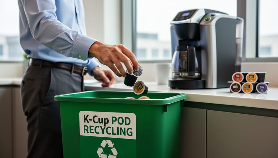Hands placing used Keurig K-Cup pods into a workplace recycling bin