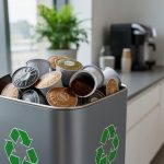 Used Keurig K-Cup pods in a recycling bin next to an office coffee station in a Canadian workplace setting.