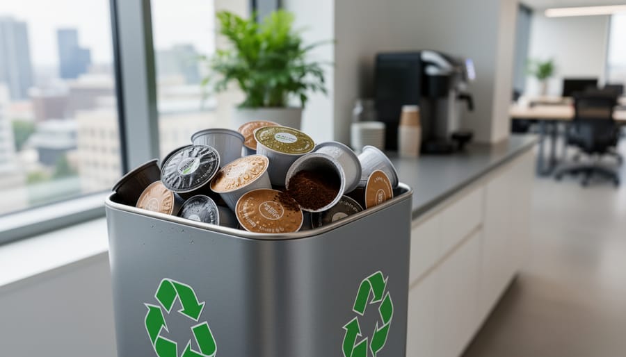 Used Keurig K-Cup pods in a recycling bin next to an office coffee station in a Canadian workplace setting.