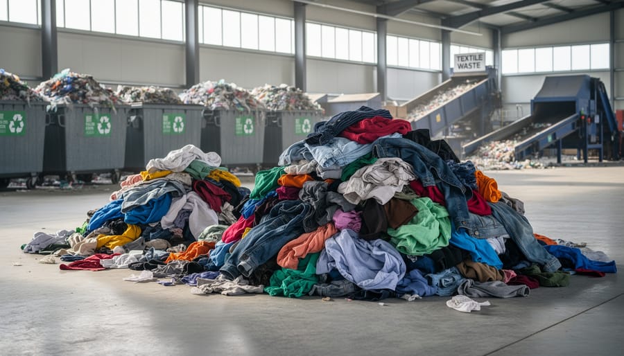Mixed clothing overflowing from bags beside an outdoor municipal waste dumpster area