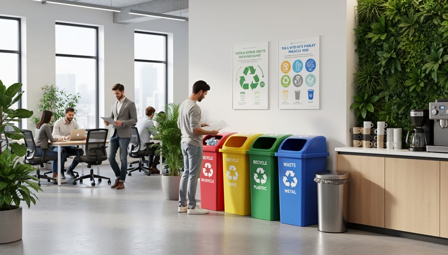 Workplace recycling collection area near a coffee station in a Canadian office