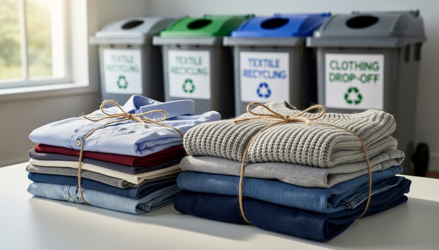 Hands holding a bundle of clean, dry textiles ready for drop-off into a recycling donation bin.