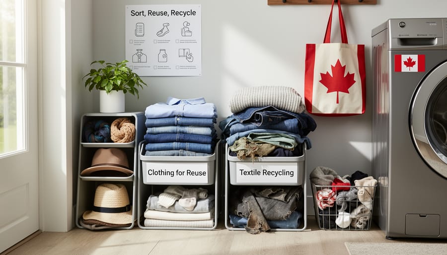 Folded clothes and reusable bags arranged on a bench for sorting clothing for recycling and donation in a Canadian home entryway.