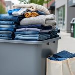 Folded clothes placed in a textile donation drop-off bin with a reusable tote nearby in a Canadian collection area.