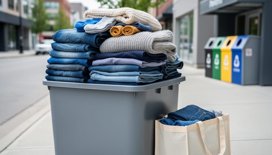 Folded clothes placed in a textile donation drop-off bin with a reusable tote nearby in a Canadian collection area.