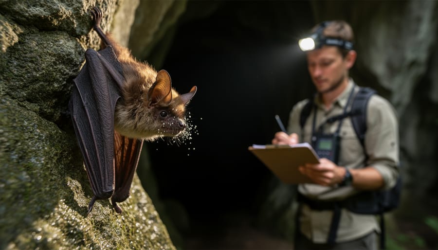 Bat flying near a rocky cave entrance with a biologist observing in protective clothing
