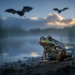 Amphibian beside a misty wetland at dusk, with distant shadowy wildlife shapes in the background representing disease threats to conservation efforts.