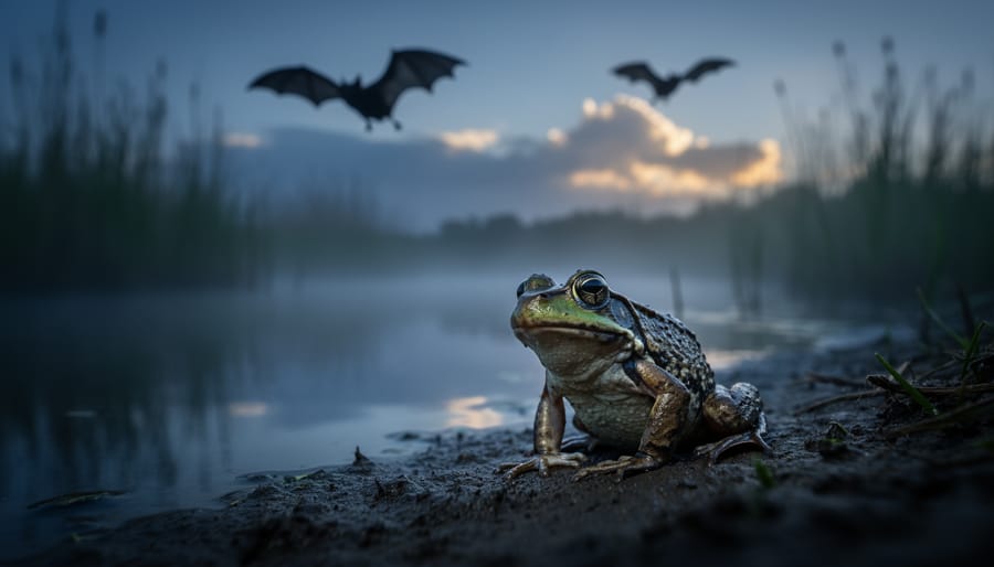 Amphibian beside a misty wetland at dusk, with distant shadowy wildlife shapes in the background representing disease threats to conservation efforts.